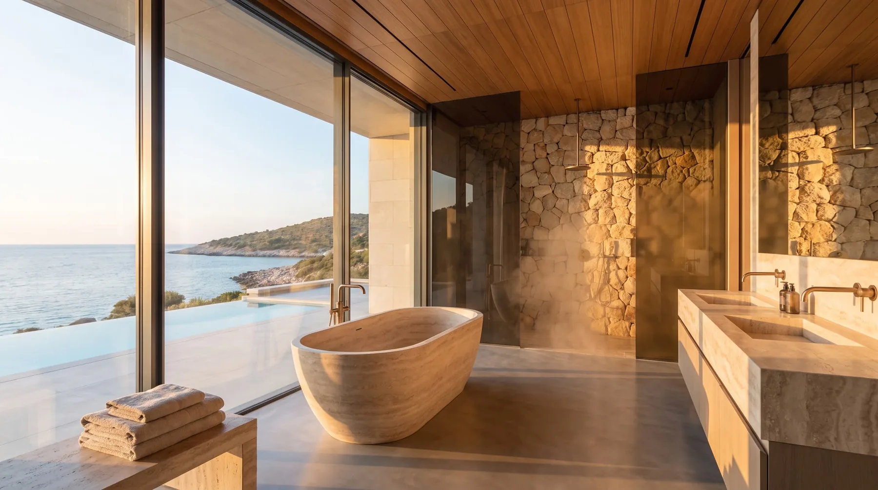 Stone bathtub before a glass wall overlooking the bay