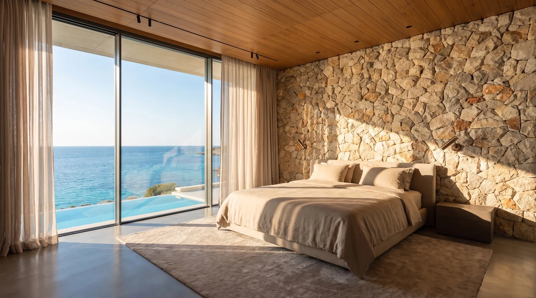 Master bedroom with stone wall and view over the turquoise bay