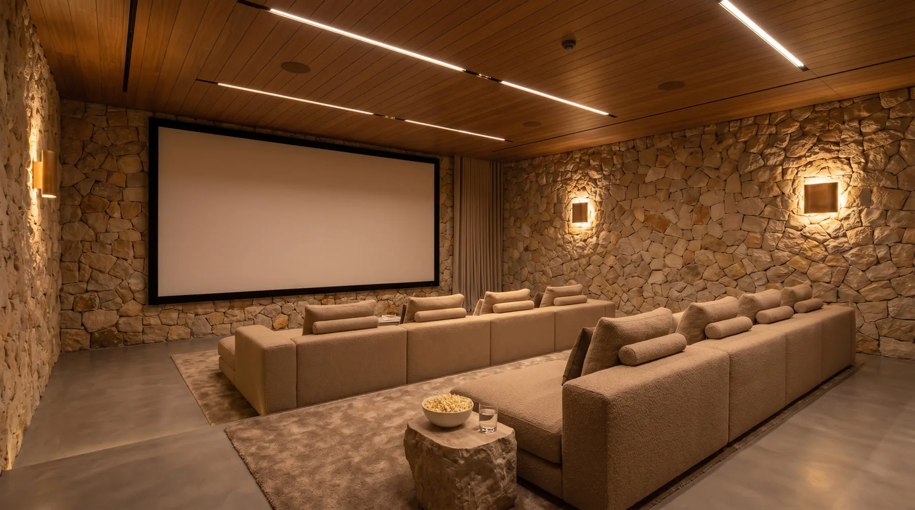Private cinema with bouclé sofas and stone walls