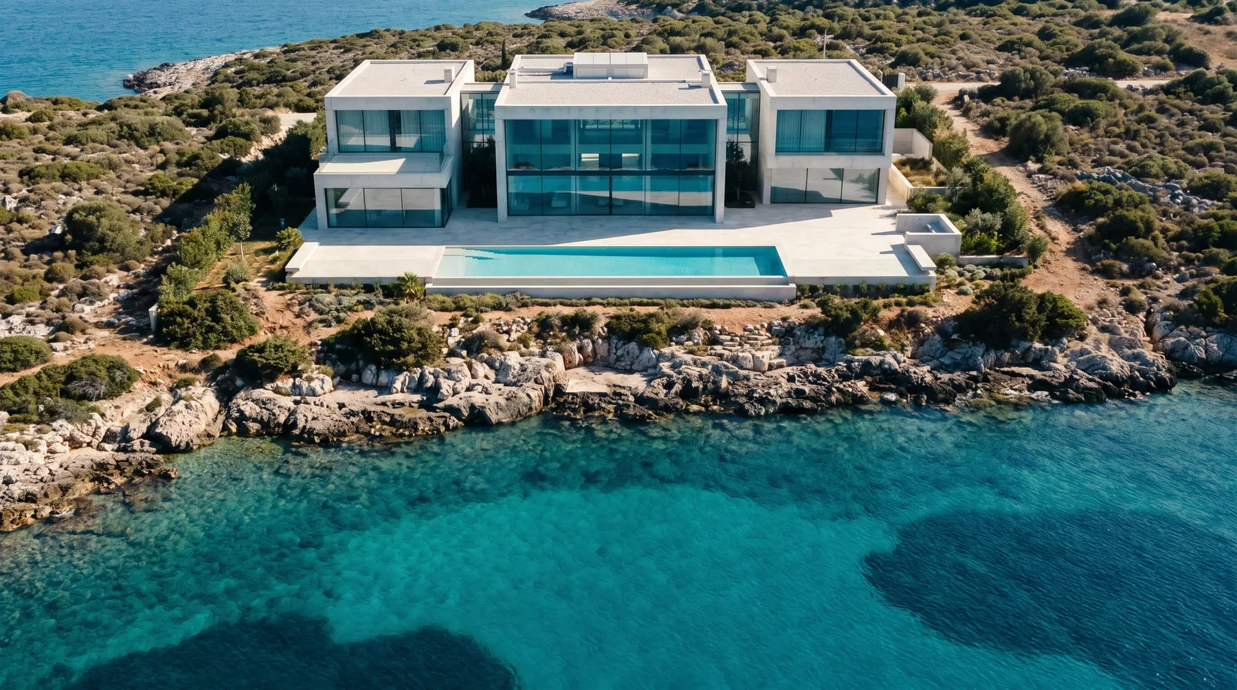 Modern white villa with glass front above a turquoise bay