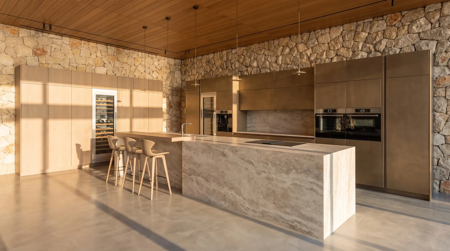 Open designer kitchen with monolithic stone island