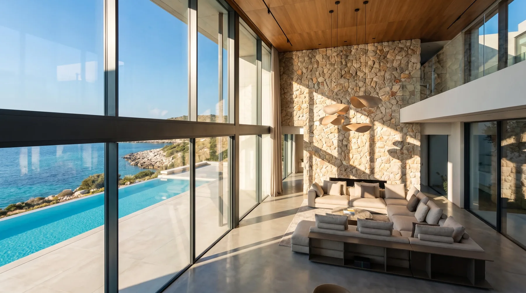 Living space behind the glass front, view to the bay