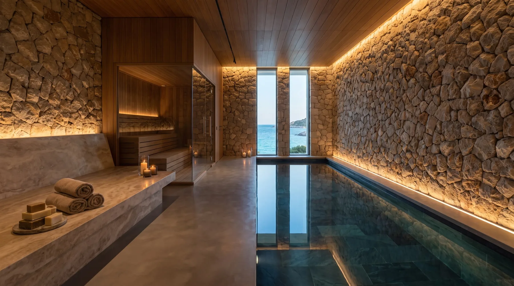 Indoor pool with sauna and candle-lit stone walls