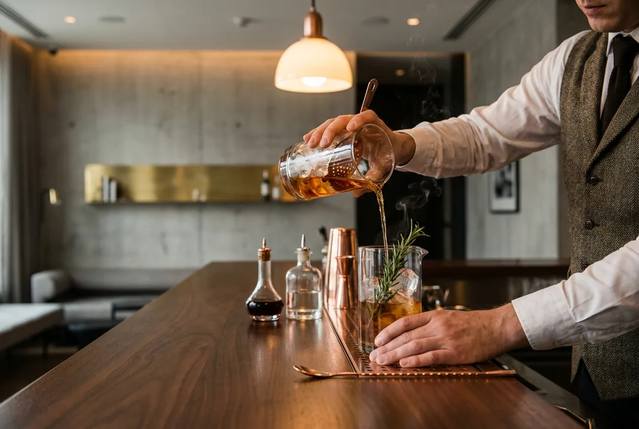 Bartender mixing a drink at a hotel bar