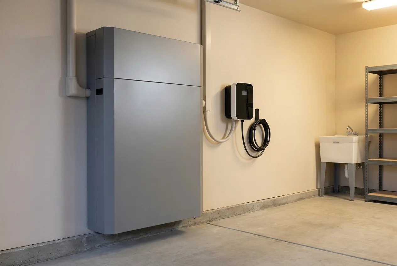 Home battery storage and EV charger on a garage wall