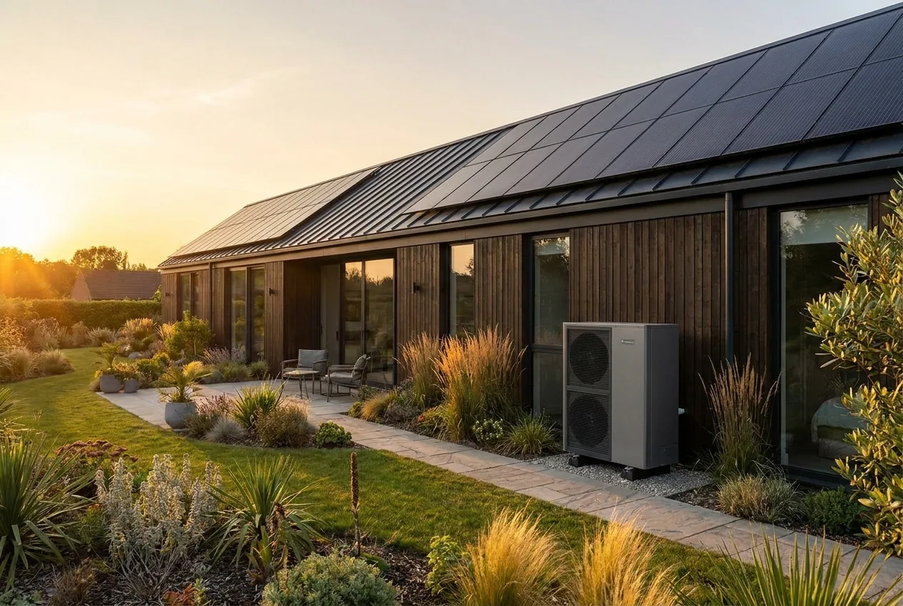 Modern bungalow with rooftop solar and a heat pump