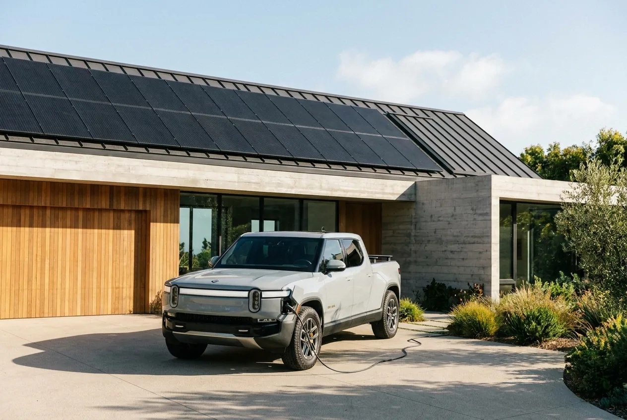 Electric car charging outside a home with solar panels
