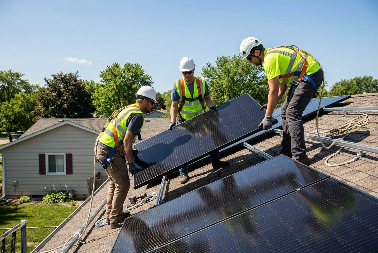 Installers fitting solar panels on a roof