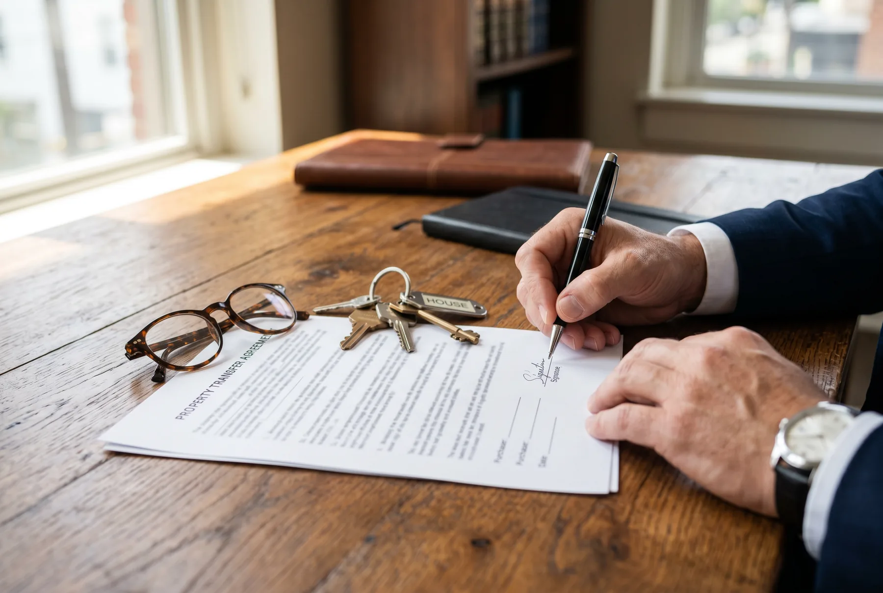 Signing a property contract with keys on the desk