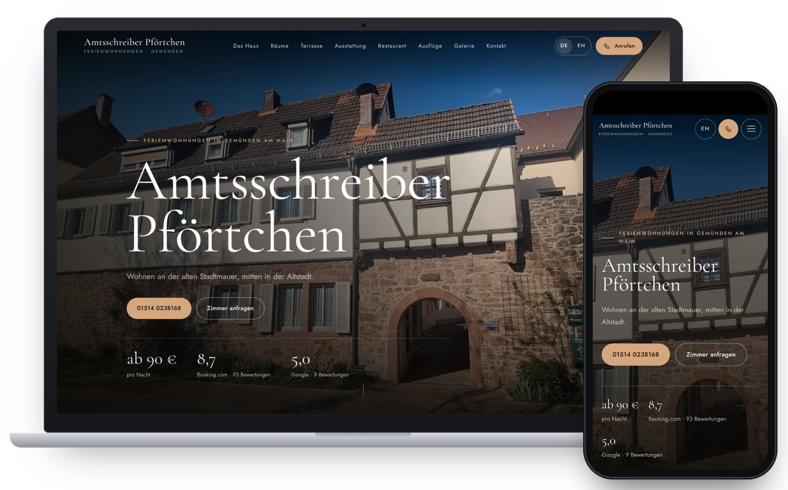 Website der Ferienwohnungen Amtsschreiber Pförtchen in Gemünden am Main auf Laptop und Handy