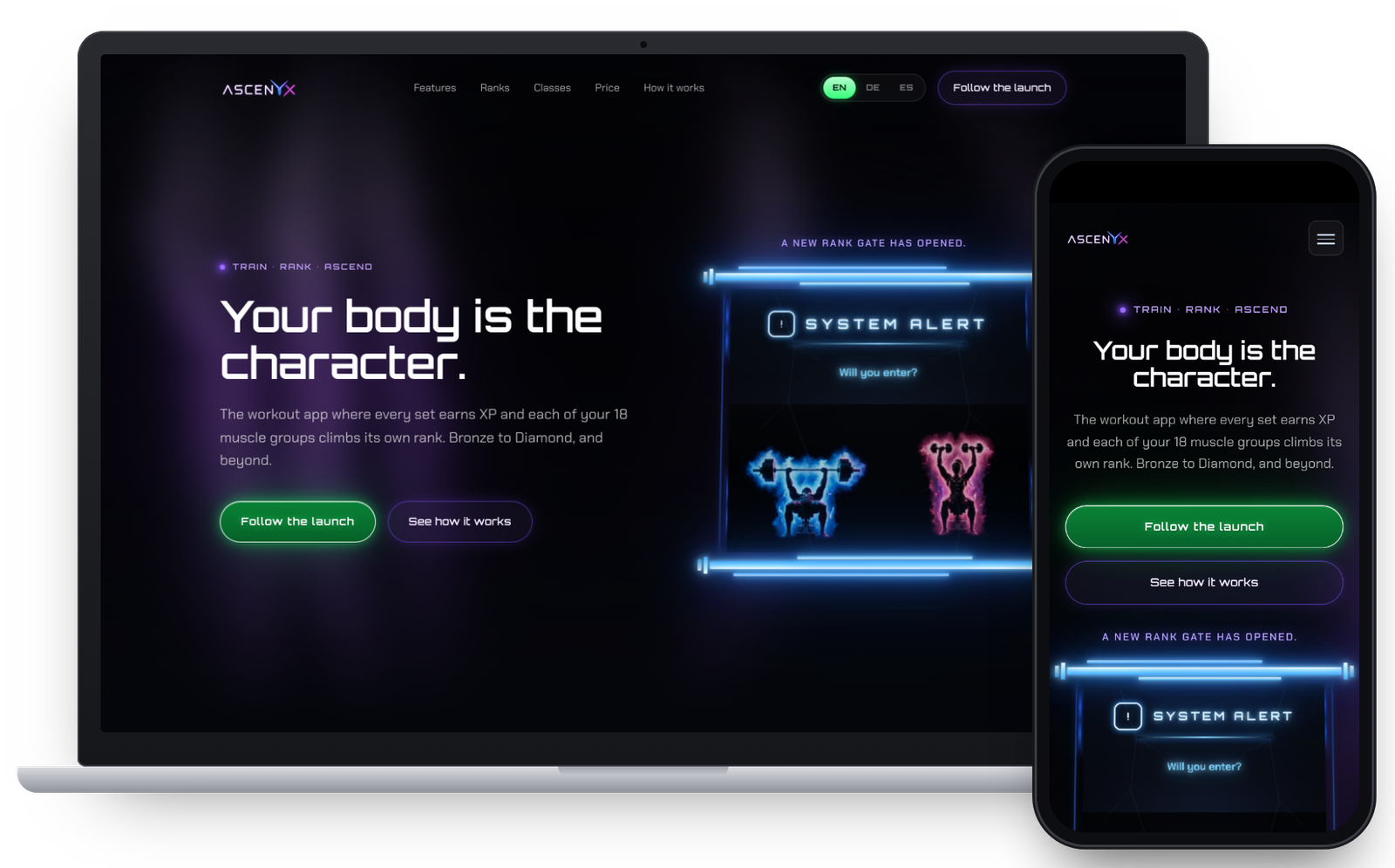 Launch-Website der Fitness-App ASCENYX auf Laptop und Handy