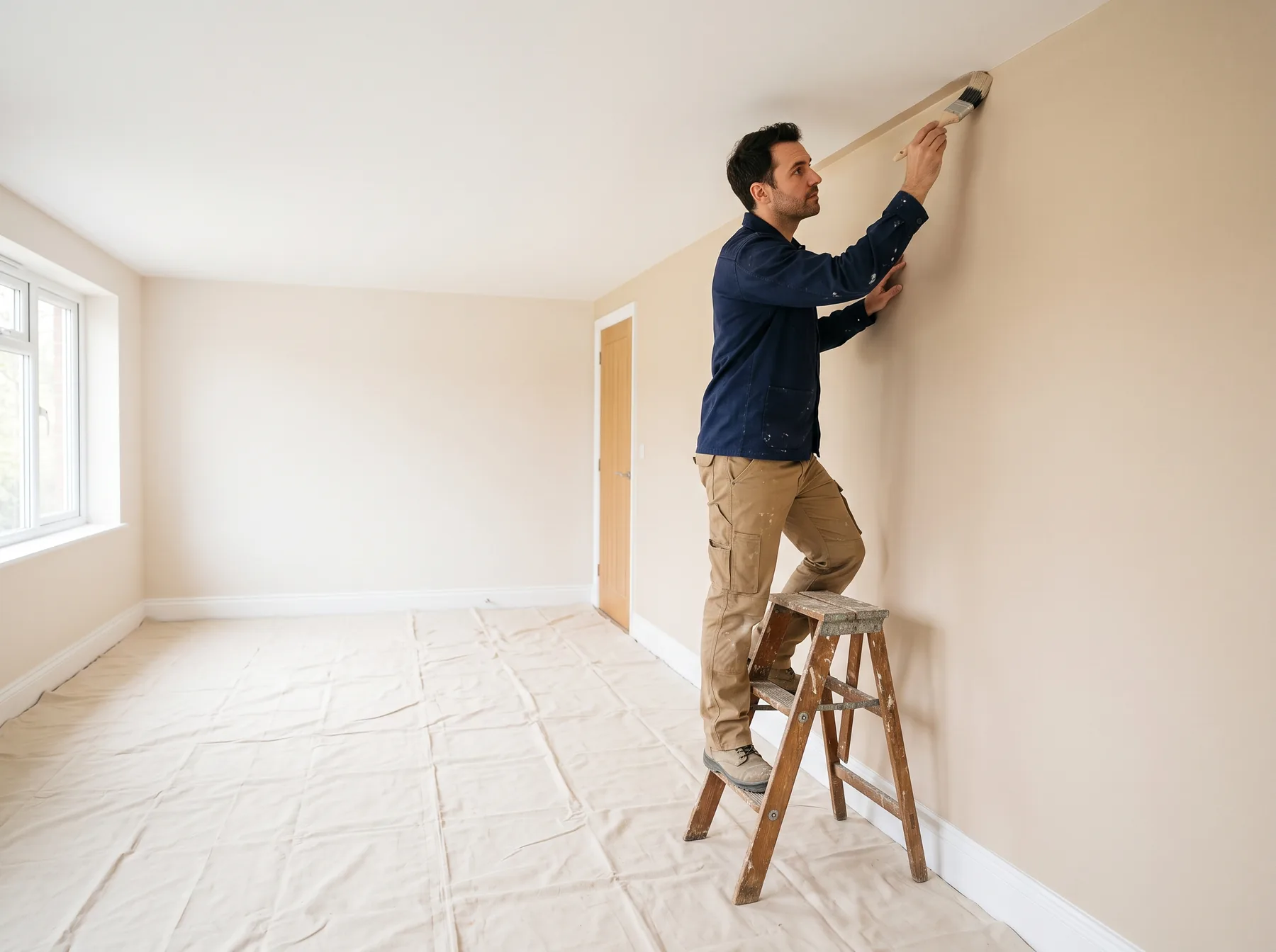 A decorator cutting a clean paint line along a wall, floor fully covered